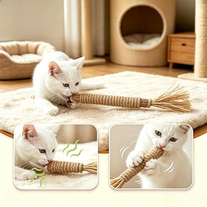 Natural Silvervine Dental Sticks, Silver Vine Sticks Cats with Raffia, Chew Sticks for Cats, Cat Chew Rope for Enrichment Pet Supplies, Calm Cat Boring (4PCS)