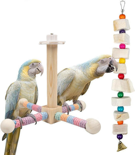 2 Pack Bird Toys Spinning Parrot Perch & 8pcs Cuttlebone String, Bird Cage Accessories for Parakeets Budgies Cockatiels