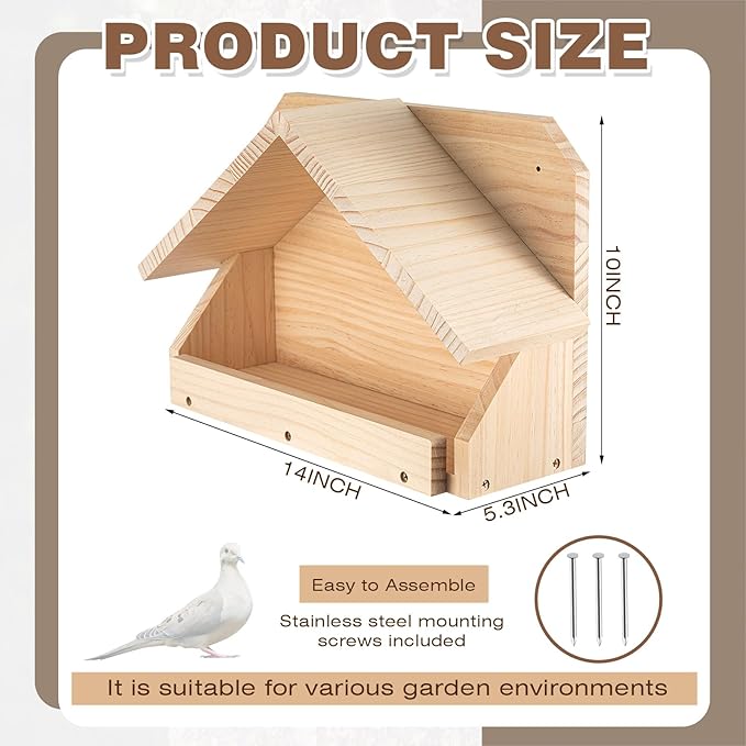 Briwooody Wooden Open Mourning Dove Nesting Box for Outside Dove Bird House 14 H x 10 W x 5.3 L Inches Bird Nesting and Roosting Platform Hanging Birdhouse Garden Decoration (Triangular Roof, Brown)