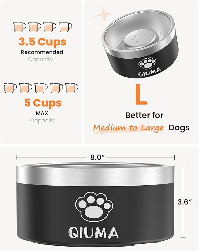 Qiuma Slow Feeder Dog Bowls Stainless Steel, Food-Grade 304 Dog Slow Feeder Bowl 3.5 Cups Capacity, Heavy Duty Double-Layer with Non-Slip Base, Pet Puzzle Bowl for Medium & Large Dogs (Black)