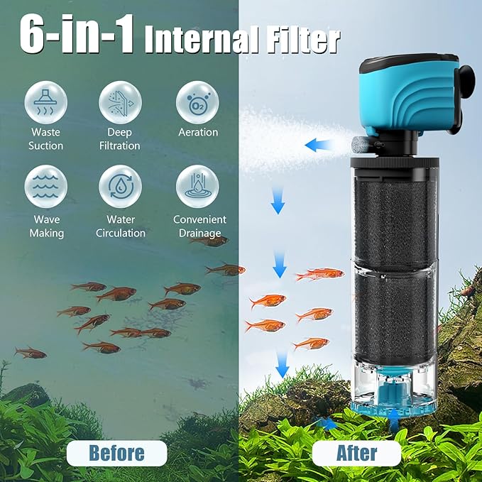 Submersible Aquarium Filter, Upgraded 50-150 Gallon Fish Tank Filter with Fish Guard, Internal Whisper Pump for Turtle Tank, Debris Tray, Check Valve, Fresh/Saltwater, 12-Inch