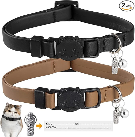 WROSWT Upgrade Breakaway Cat Collar with Bells, Soft Leather Kitten Collars with Name Tag,Safety Adjustable Buckle,Lightweight,Ideal for Girl Boy Cats,Puppies,2 Pack（Black+Brown）