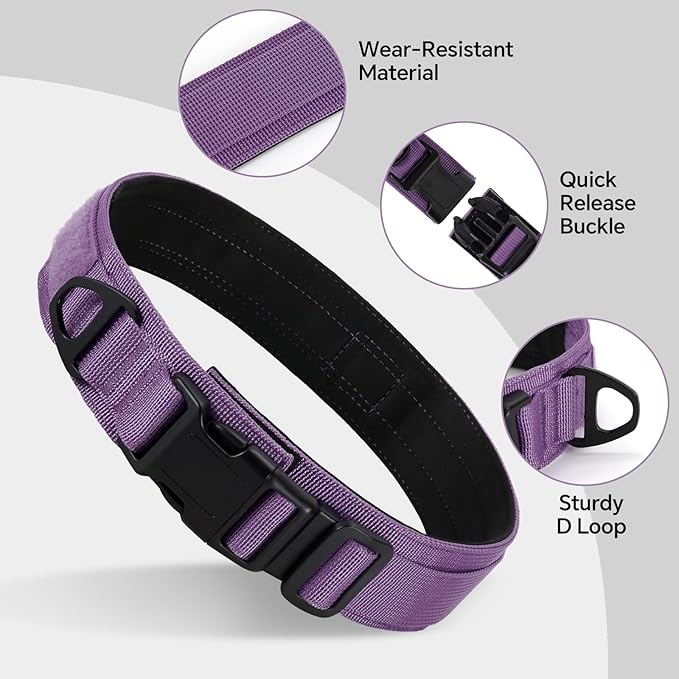 Tactical Durable Dog Collar, Metal D-Ring, Adjustable Heavy Duty Dog Collar with Heavy Quick-Release Buckle for Medium Large Dogs (Purple, S)