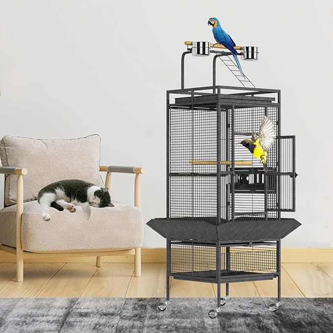 61 Inch Large Bird Flight Cage Rolling Parrot Cage with Storage Shelf for Mid-Sized Birds, Macaw Cockatiels Conures Parakeets Budgie Finch