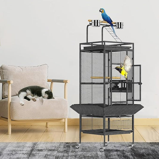 61 Inch Large Bird Flight Cage Rolling Parrot Cage with Storage Shelf for Mid-Sized Birds, Macaw Cockatiels Conures Parakeets Budgie Finch