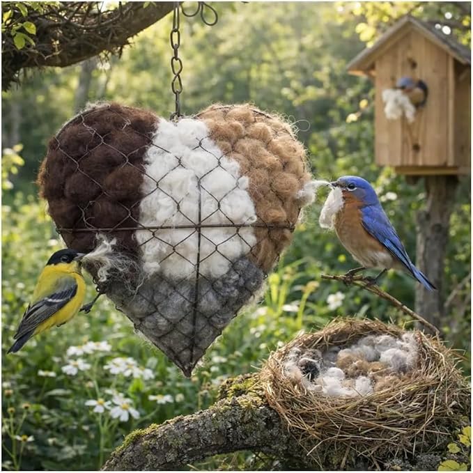 Handmade Alpaca Fiber Bird Nesting Heart,Natural Nesting Material Holder for Wild Birds, Hummingbirds & Chickadees, Cozy Winter Shelter & Garden Art Gift for Bird Lovers