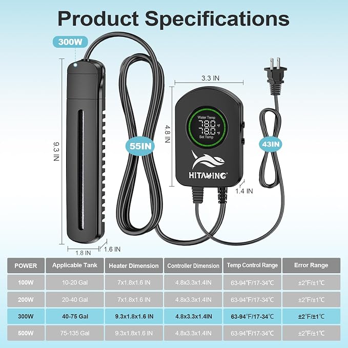 HiTauing Aquarium Heater, 100W/200W/300W/500W Fish Tank Heater with Upgraded LED Large Display, Up/Down Control Buttons and Intelligent Leaving Water Automatic Power-Off for Saltwater and Freshwater