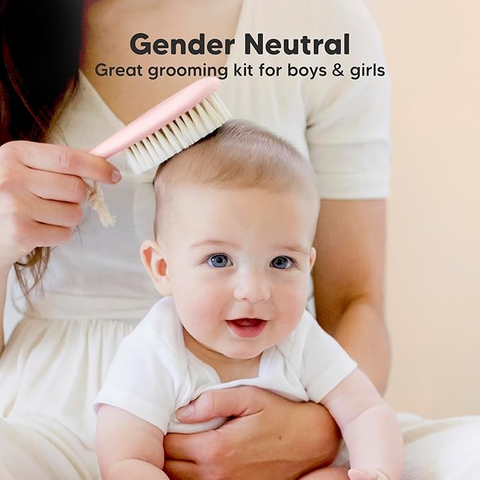 Baby Hair Brush Set for Newborns - Soft Goat Bristle Wooden Baby Brush and Comb Set Newborn Grooming Kit for Cradle Cap, Durable & Gentle, Boy, Girl Infant Essentials Care Kit (Regular, Blush)