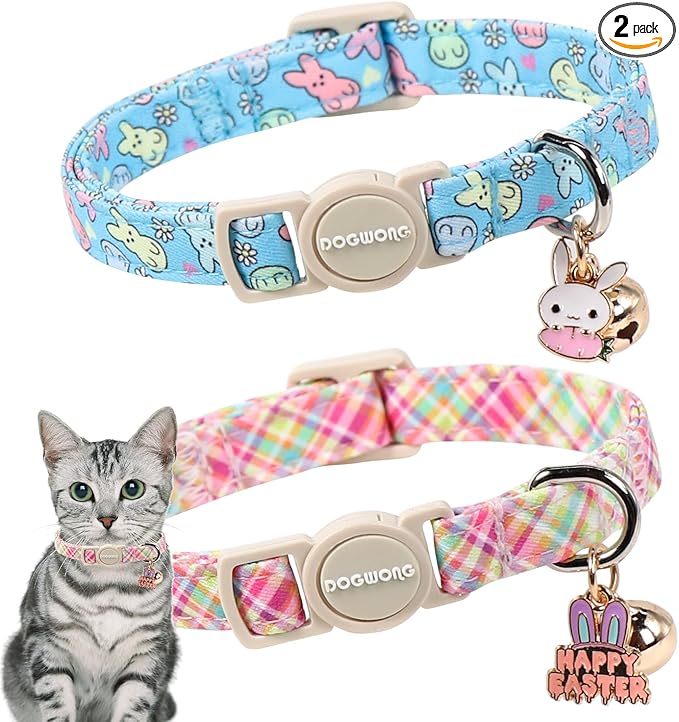 DOGWONG 2 Pack Easter Day Cat Collar Breakaway,Safety Adjustable Easter Plaid Rabbit Cat Collars with Bell for Kitten