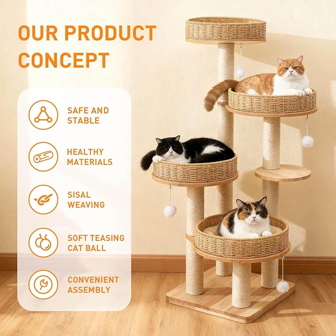 Modern Cat Tree for Indoor Cats Large Adult, 54''Tall Cat Tower with Scratching Post, Wood Cat Tree for Large Cats with Multi-Levels, 4 Weaving Washable Handwoven Rattan Cat Condo