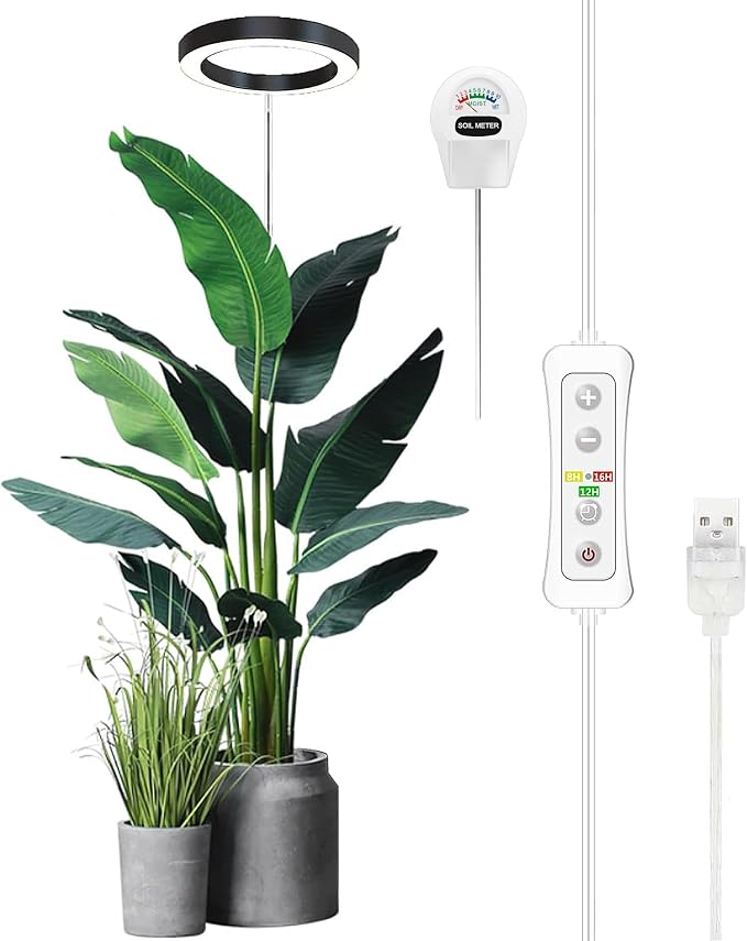 Plant Grow Light, LED Growing Light Full Spectrum for Indoor Plants, Paired with a Soil Tester,Height Adjustable, Automatic Timer, 5V Low Safe Voltage,Idea for Large Plant Light
