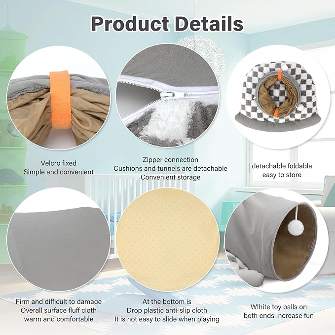 BWOGUE Bunny Tunnel Bed, 2-in-1 Collapsible Tunnel Tubes Toys with Removable Mat Hideout for Cats Kittens Rabbits Guinea Pigs Kitty (Gray)