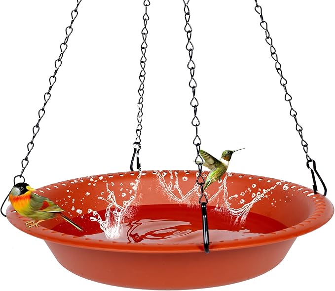 OVZILKI Bird Baths for Outdoors Heavy Duty, 14 inch BirdBath Bowl Only with Rust-Proof Black Chains, Hanging Bird Bath Hanging Bird-Feeder for Garden Backyard Decor (Terracotta 1 Pack)