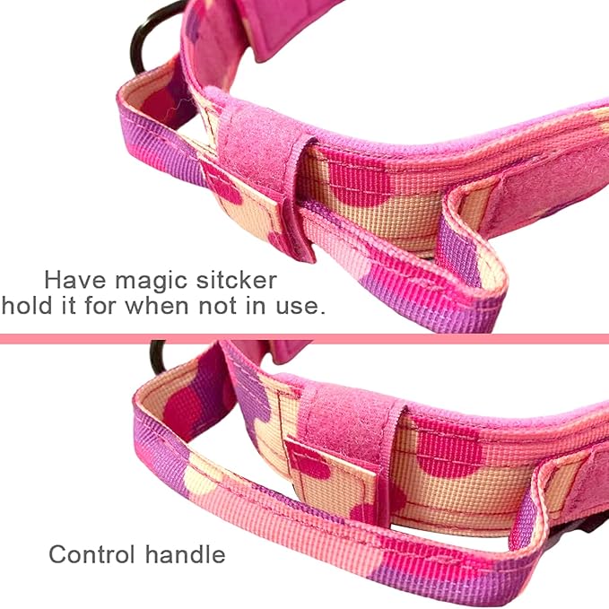 Xqpetlihai Tactical Dog Collar Adjustable Military Nylon Dog Collar with Control Handle and Heavy Duty Metal Buckle for Medium and Large Dogs (Pink Camo,XXL)