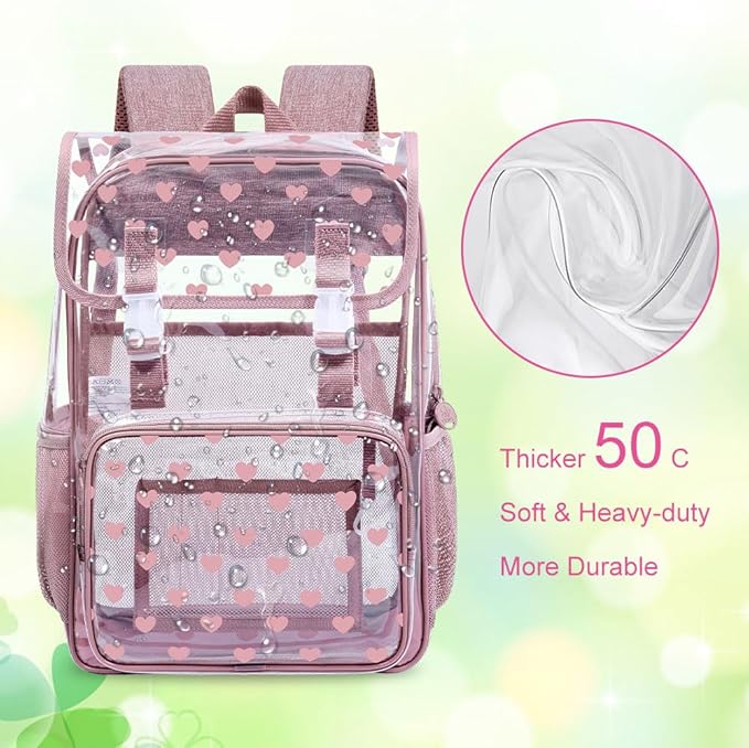 17" Love Heart Clear Backpack for Girls - 3Pcs Flip Design Stadium Approved Set, Campus/School Transparent Bookbag (Pink)