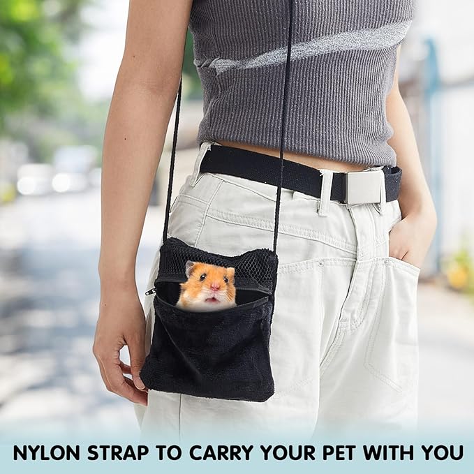 Sweetude 2 Pcs Sugar Glider Pouch Breathable Carrying Bonding Pouch Soft Hamster Carrier with Strap Zipper Small Animal Travel Sleeping Bag Cage Accessories for Rat Reptile Other Small Pets(Black)