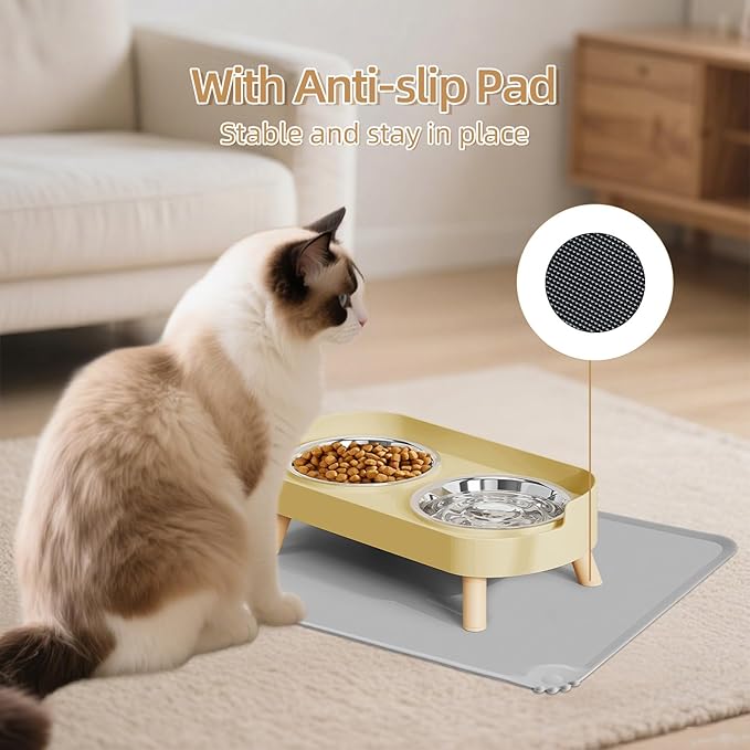 Elevated Cat Bowl with Food Mat, Raised Cat Food and Water Bowl Set for Indoor Cats, Splash Proof with 2 Stainless Steel Pet Food Bowls for Cat and Puppies,Whisker Fatigue and Dishwasher Safe (Yellow)