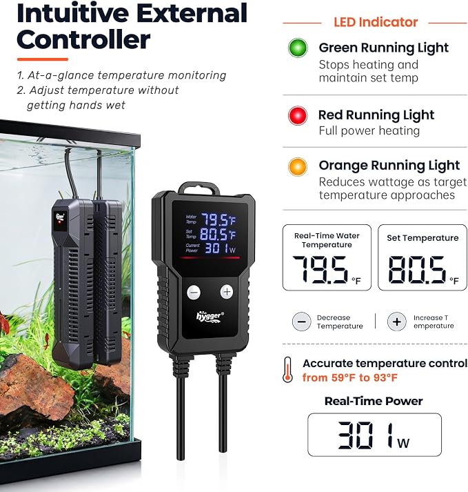 hygger 500W Submersible Aquarium Heater for Saltwater & Freshwater Fish Tanks, External Controller with Precise ±0.5°F Temp Control, Real-Time Power Display, Dual Alarms, Smart Variable Heating