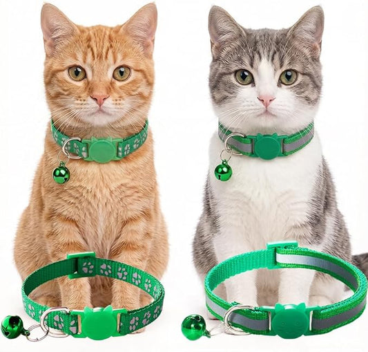 Green Breakaway Kitten Collar with Bells, [2 Pack] Break Away Cat Collar with Bells, Reflective Cat Collar for Girl Cats Boy Kitty