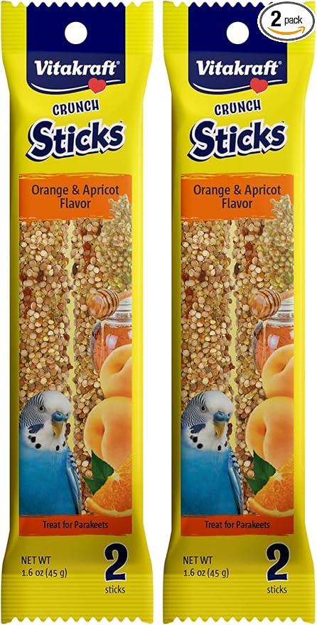 Vitakraft Crunch Sticks Parakeet Treat – 2 Sticks in Orange and Apricot Flavor – Triple Baked with Natural Wood Center – Added Vitamins and Minerals with Cage Clip Holder for Long-Lasting Enrichment