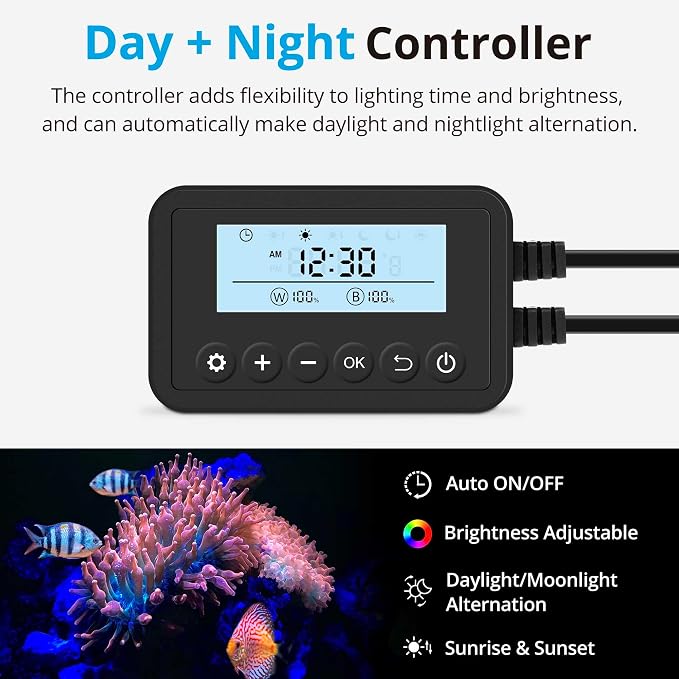 NICREW 24W Saltwater Aquarium Light, Marine LED Reef Light for Corals, Programmable Timer Controller, 24 to 30-Inch | Balanced Blue and Full Spectrum for Soft/LPS Corals, Day + Night Cycle with Sunrise/Sunset Simulation, Extendable Brackets