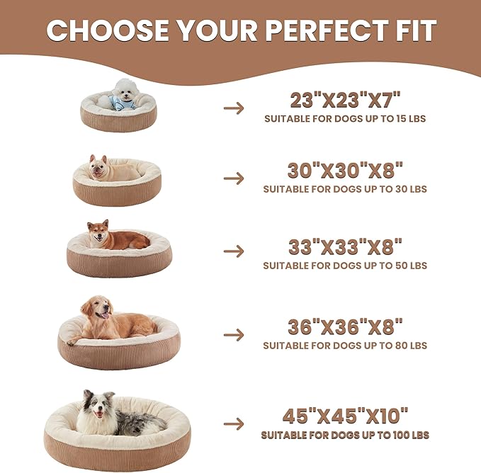 33 inches Donut Dog Bed for Medium Large Dogs,Calming Round Pet Bed with Removable & Washable Cover,Plush Faux Fur & Corduroy, Fits up to 50 lbs Pets(Brown,M Plus)
