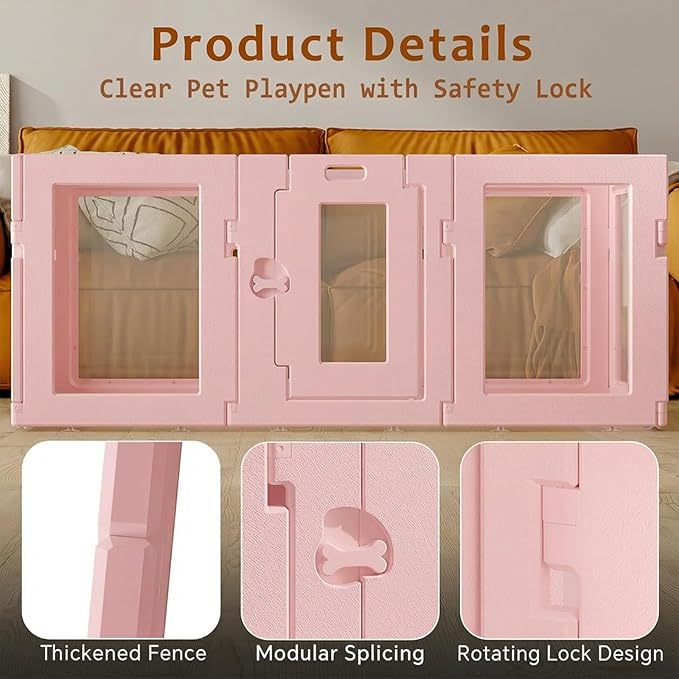 Clear Acrylic Dog Playpen Indoor, Puppy Cat Small Pet Play Pen, Easy Assemble & Disassemble Sturdy Plastic Dog Fence with Heavy Duty Door Lock (24In H, 10PCS), Pink