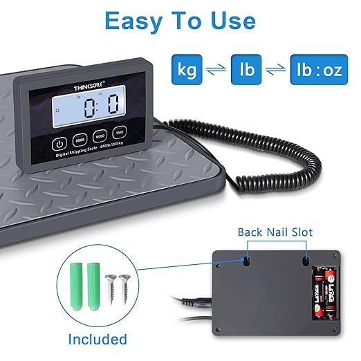 THINKSCALE Shipping Scale, 440 lbs/1 oz Highly Accurate Postal Scale with Hold/Tare/LCD Display, Lightweight Digital Postage Scale for Packages/Luggage/Post Office/Dog, Battery & AC Adapter Included