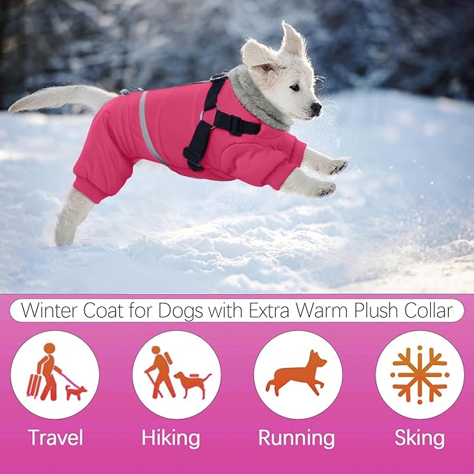 BRKURLEG Dog Winter Coat with Harness Built in, Winter Dog Jacket for Small and Medium Dogs, Small Dogs Snowsuit Reflective Windproof Cold Weather Coat, Puppy Warm 100% Polyester Coats, Hot Pink, M