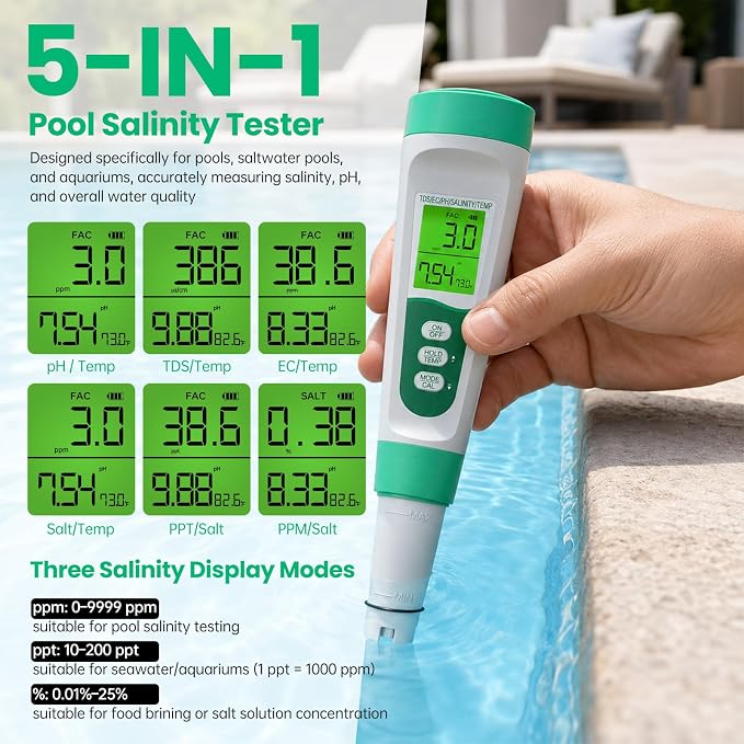 Salt Tester for Saltwater Pool & PH Meter, High Accuracy Pool Salt Tester, 5 in 1 Salinity PH Temp EC TDS Meter for Pool Hot Tub Swimming Aquarium, Daily Maintenance & Water Quality Testing, Green