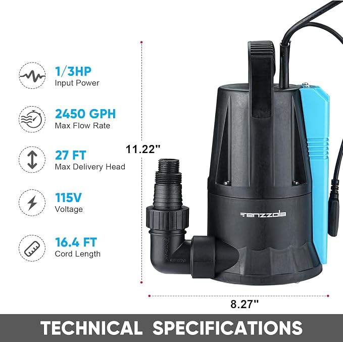 Sump Pump, 1/3 HP 1850GPH Automatic Submersible Utility Water Pump, Portable Electric Low Level Drain Water Removal Pump with Sensor Switch for Swimming Pool Basement Garden Pond Draining