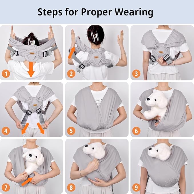 CUBY Swaddle Dog Sling Carrier for Small Dogs, Front Pet Sling Carrier Chest,Hands Free Adjustable Cat Sling Carrier Soft Cotton Reducing Pain Puppy Sling Carrier for Small Pet Up to 10lb (Light Gray)