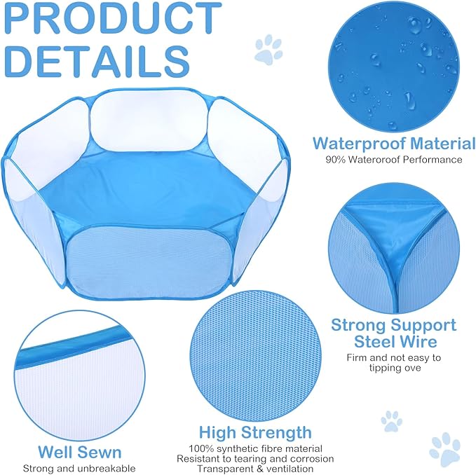 VitalCozy Hamster Playpen with Mat Small Animal Cage Tent Breathable Transparent Guinea Pig Playpen Waterproof Portable Yard Fence Mat Foldable Exercise Playpen Outdoor Indoor (Blue,Star)