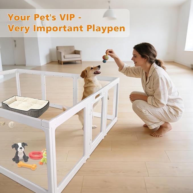 Clear Acrylic Plastic Dog Playpen with Door, 23.6"H Transparent DIY Puppy Cat Pet Play Pen, Modular Fence for Dog, Cat, Pig, Rabbit, Ferret, Easy Assemble Dog House Crate Kennel Whelping Cage