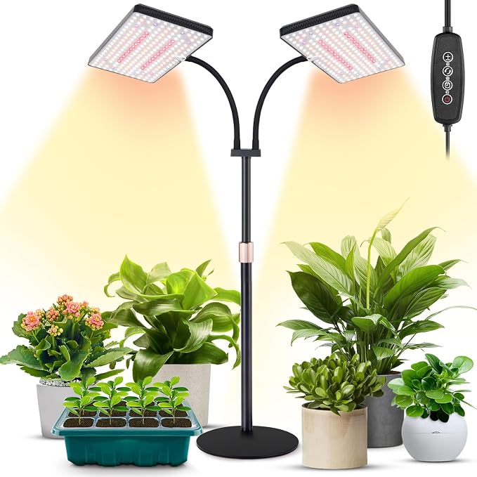 LBW Desk Grow Lights for Indoor Plants, 428 LEDs Full Spectrum Plant Light | 2-Head Tabletop Grow Light, 3/6/12H Auto Timer, 6 Brightness Levels,10-26" Height Adjustable, 3 Light Control Modes