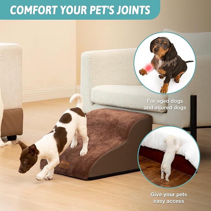 COZY KISS Dog Stairs for Small Dogs 11.8" H, Pet Step with Leakproof Cover, High Density Foam Cat Ramp for Chair or Sofa, Lightweight, Durable, Comfort, 15.7x19.7x11.8 inch, 2 Step, Brown