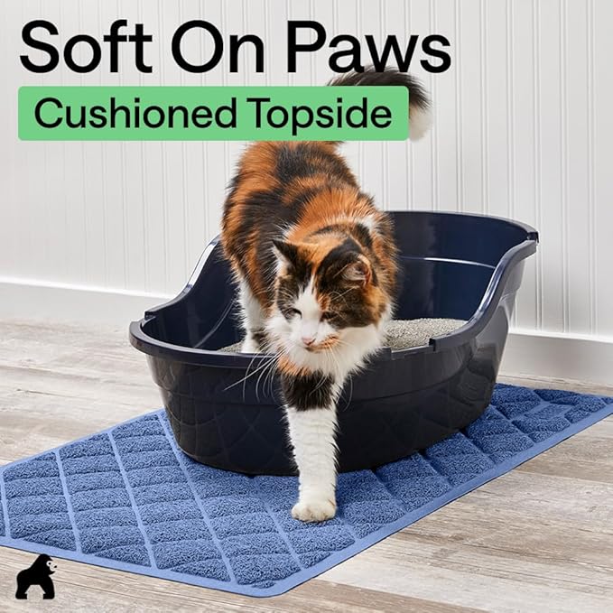 GORILLA GRIP Cat Litter Box Mat, 35x23, Cushioned Coil Mesh Litter Trapping Mats, Scatter Control Supplies for Less Mess, Phthalate Free, Ultra Deep Catch Grooves, Rinse or Vacuum to Clean, Navy Blue