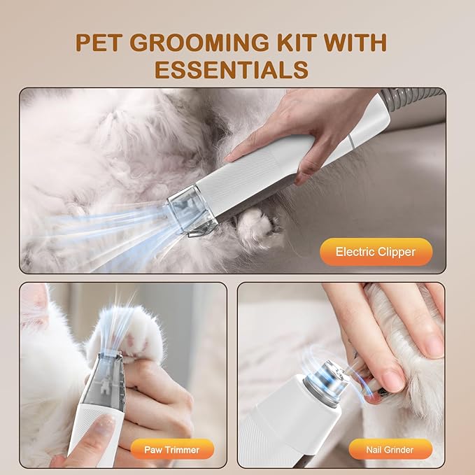 Dog Grooming Vacuum, Dog Grooming Kit with Pet Clipper Nail Grinder, 3 Suction Modes Dog Brush Vacuum with 6 Pet Grooming Tools(Camel)
