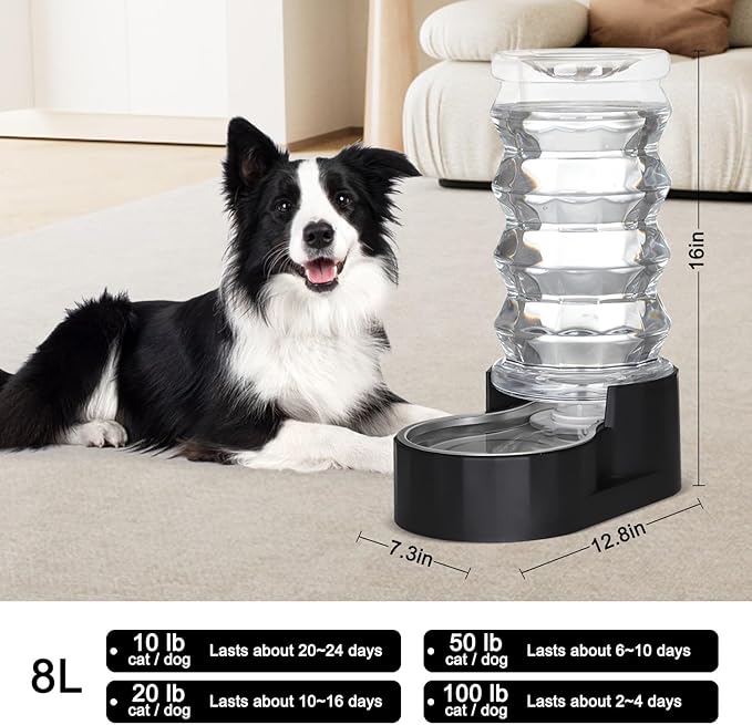 RIZZARI Dog Water Bowl Dispenser :Ion Exchange System with Activated Carbon- Helps Prevent Urinary Stones-8L Gravity Black Stainless Steel Automatic Waterer- for Multi-Pet Homes-Kitchen& Garage Use