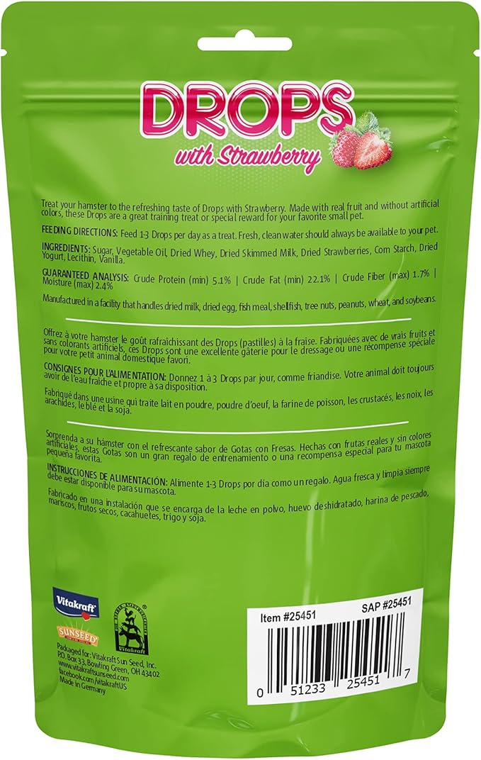 Vitakraft Hamster Strawberry Drops Treats 5.3 oz - Wholesome Small Animal Snacks with Yogurt and Fruit Flavor - Tasty Reward for Hamsters Gerbils and Other Little Pets,(Pack of 2)