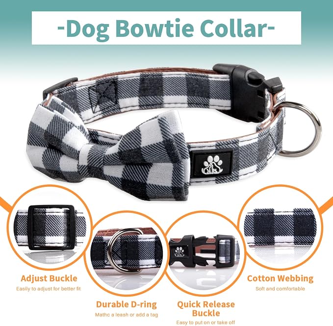 IVY&LANE Dog Collar with Bowtie and Leash Set | Plaid Adjustable Dog Collar | Detachable Bow Tie |5 FT Dog Leash | for Small Medium Large Dogs | Checkered Black | Medium