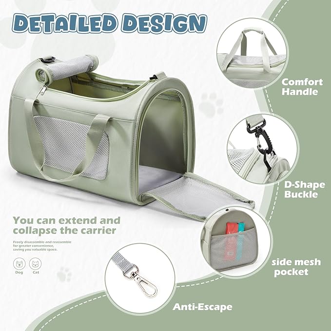 Large Cat Carriers Dog Carrier Pet for Small/Medium Cats Dogs Puppies,Soft-Sided Cat Bag Airline Approved,Carry Up to 20 Lbs,Green