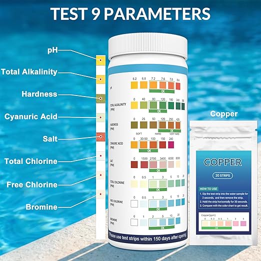 9 in 1 Pool Test Strips, 120 Total Strips, 100 8-Way Water Test Strips + 20 Copper Test Strips, Test pH, Salt, Hardness, Bromine, Alkalinity, Chlorine, Chlorine, Cyanuric Acid and Copper