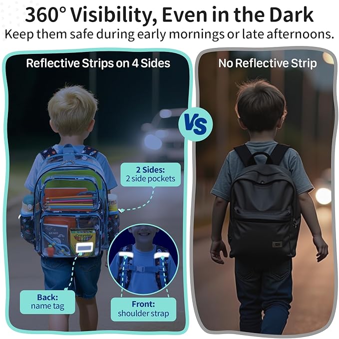 Clear Backpack for Boys, 15 Inch Heavy Duty Transparent Bookbag for Kindergarten to 2nd Grade, PVC See Through Daypack with Reflective Straps, Fits Standard Folders, Blue Space Astronauts
