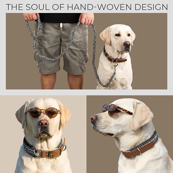 Tirevt Hand-Woven Dog Collar and Leash Set:Color-Block Design, Premium Reinforced Buckle, Adjustable Artisan Paracord for Puppies, Small, Medium & Large Dogs (Black, M+)