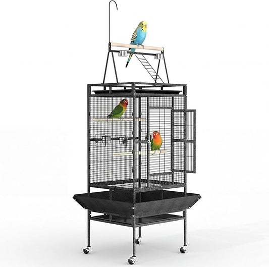 Extra Large 82-Inch Parrot Cage with Play Top – Heavy Duty Wrought Iron Flight Birdcage – Rolling Stand, Spacious Design, Rope Perch, Removable Tray, Powder-Coated Speckled Black