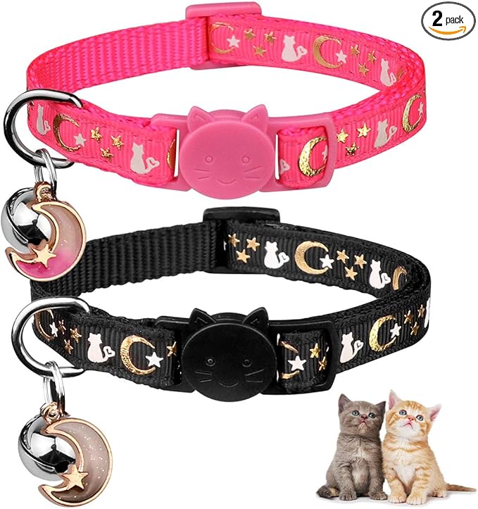 Baeuppit 2PCS Breakaway Cat Collars with Bell Cute Kitty Glow in The Dark Adjustable Kitten Collars 7.9-13.0 Inch(Black&Pink)