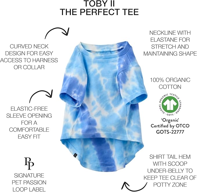 Pet Passion Toby II - The Perfect Tee, 3 Pack Short Sleeve Pet T-Shirt 100% Organic Cotton Tees Clothes for Small, Medium, Large Dogs, Blue Tie Dye, X-Large (55-80 lbs)