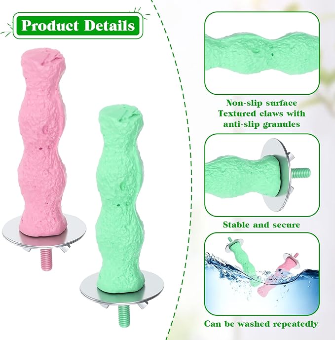 2 Pcs Bird Parrot Cage Perch Stand, Bird Beak Grinding Stone, Resin Anti-Slip Beak Grinder Stone Perches, Nail Trimming Stick, Claw Trimmer Stand, Cage Accessories for Birds, Parrot (Pink, Green)