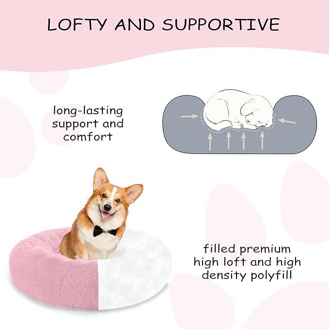 Bunlitent 30'' inch Calming Dog Bed, Anti-Anxiety Donut Small Medium Dog Bed, Warming Cozy Soft Cute Round Washable, Marshmallow Cuddler Nest Puppy Dogs and Cats Bed, Pink
